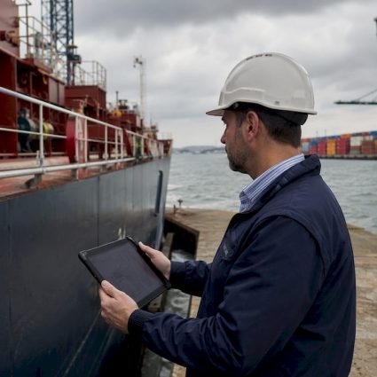 Un ingénieur procède à la vérification d’un paratonnerre installé sur les quais d’un port maritime.