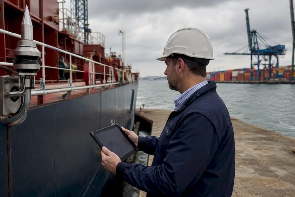 Un ingénieur procède à la vérification d’un paratonnerre installé sur les quais d’un port maritime.
