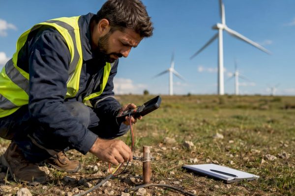 Un technicien procède au contrôle du système de mise à la terre.