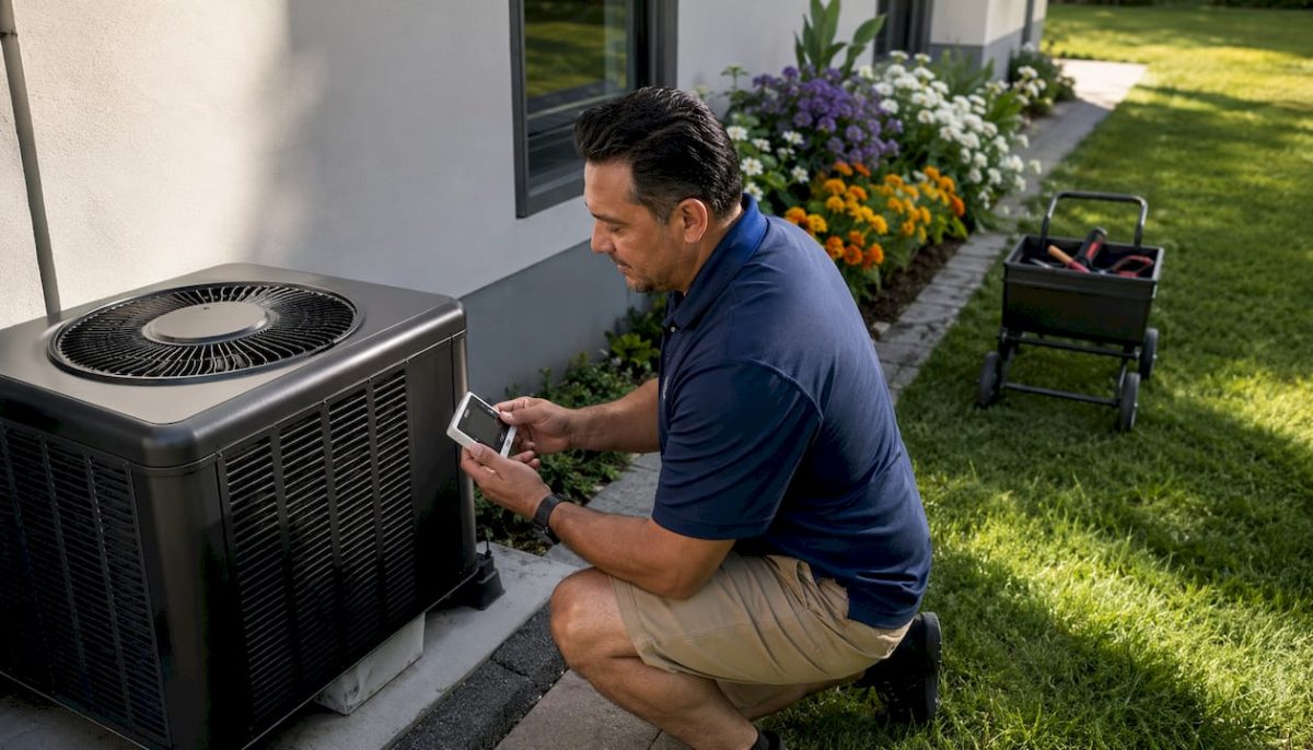 Technician inspecting multi-zone HVAC outdoor unit