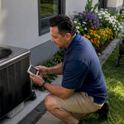 Technician inspecting multi-zone HVAC outdoor unit