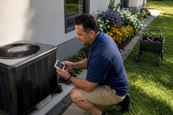 Technician inspecting multi-zone HVAC outdoor unit