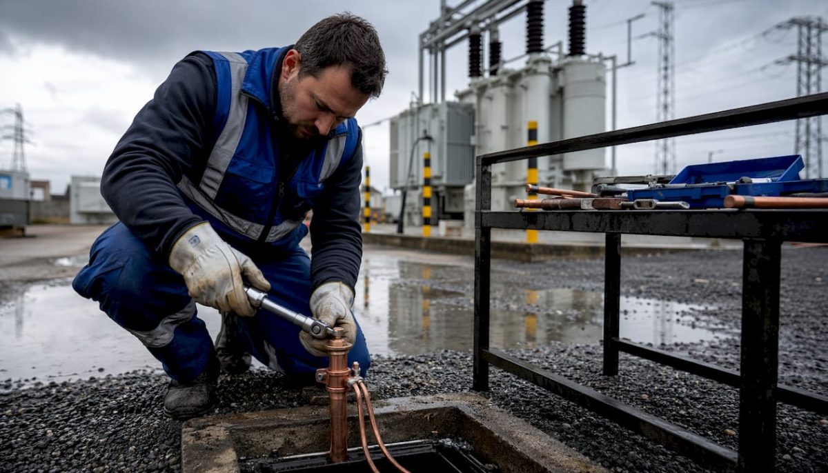 Technician inspecting grounding system in earth pit