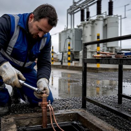 Technician inspecting grounding system in earth pit