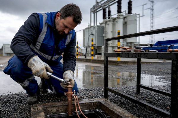 Technician inspecting grounding system in earth pit