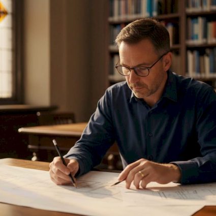 Un expert en bureau passe en revue les schémas de protection contre la foudre.