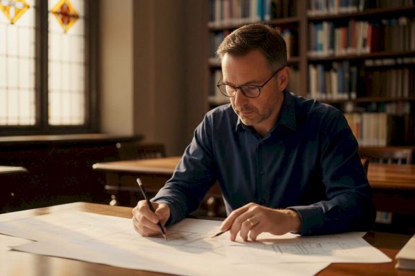 Un expert en bureau passe en revue les schémas de protection contre la foudre.
