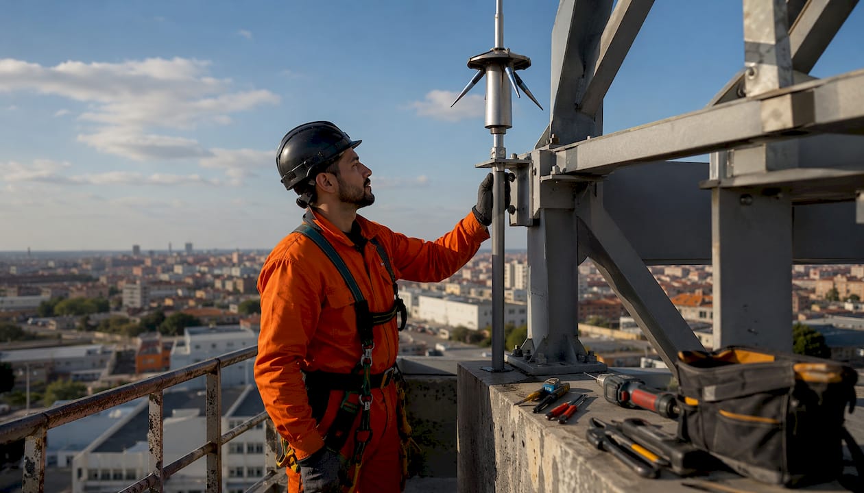 Un technicien procède à l’inspection d’un paratonnerre sur un site industriel.