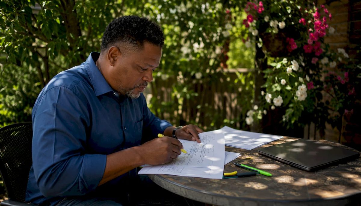 Technician reviewing lightning protection plans and certifications