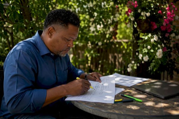 Technician reviewing lightning protection plans and certifications