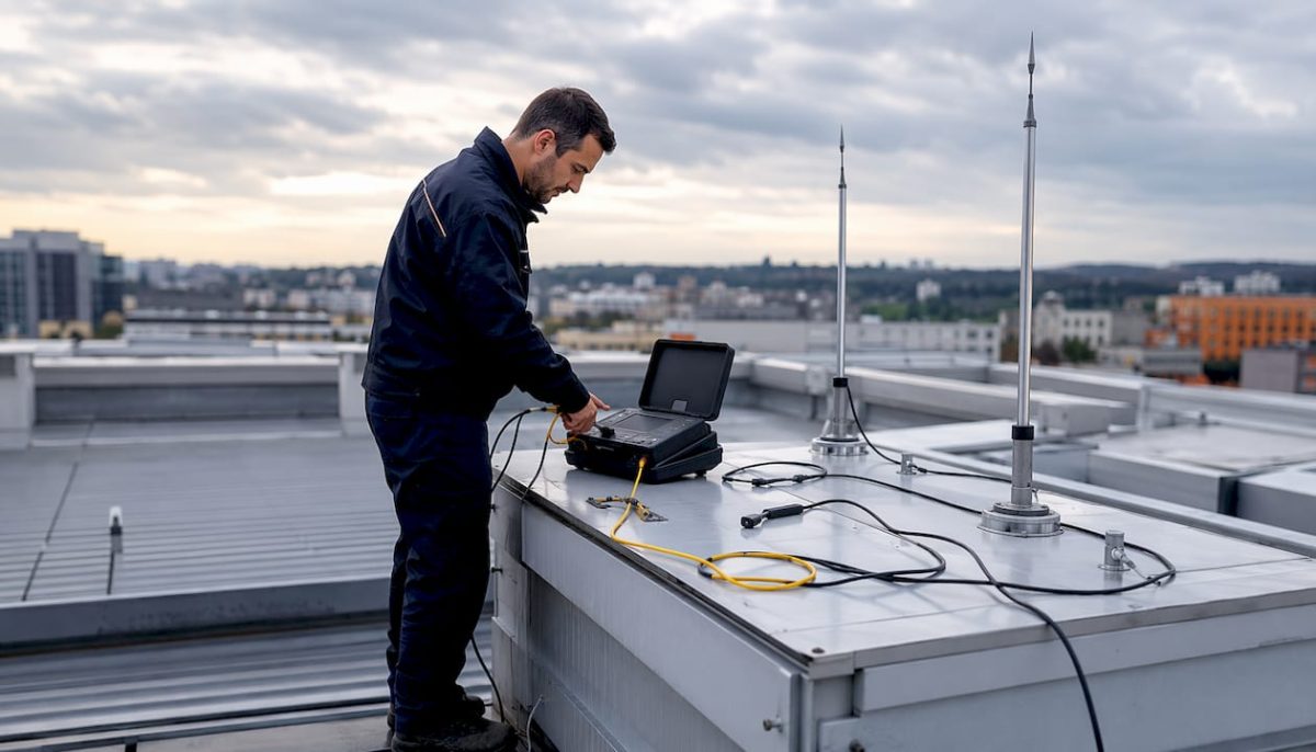 Un technicien effectue un contrôle de la mise à la terre directement sur le chantier.