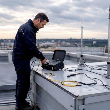 Un technicien effectue un contrôle de la mise à la terre directement sur le chantier.