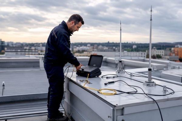 Un technicien effectue un contrôle de la mise à la terre directement sur le chantier.