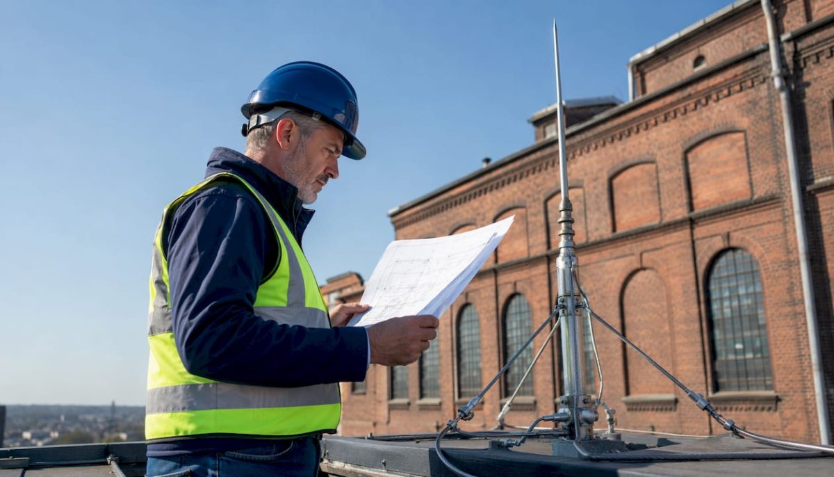 Engineer inspecting industrial lightning protection system