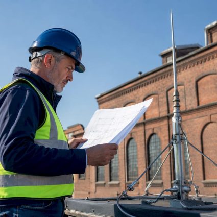 Engineer inspecting industrial lightning protection system