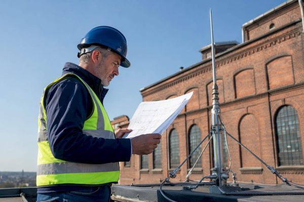 Engineer inspecting industrial lightning protection system