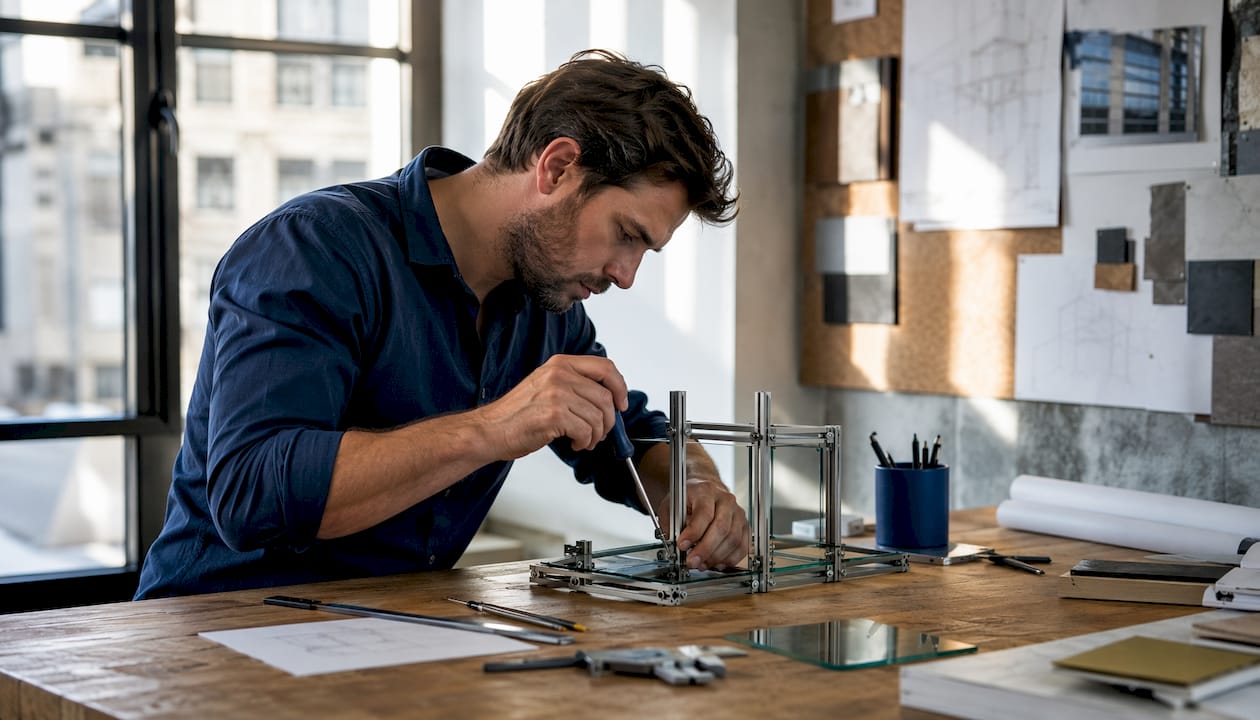 Engineer assembling glass facade model