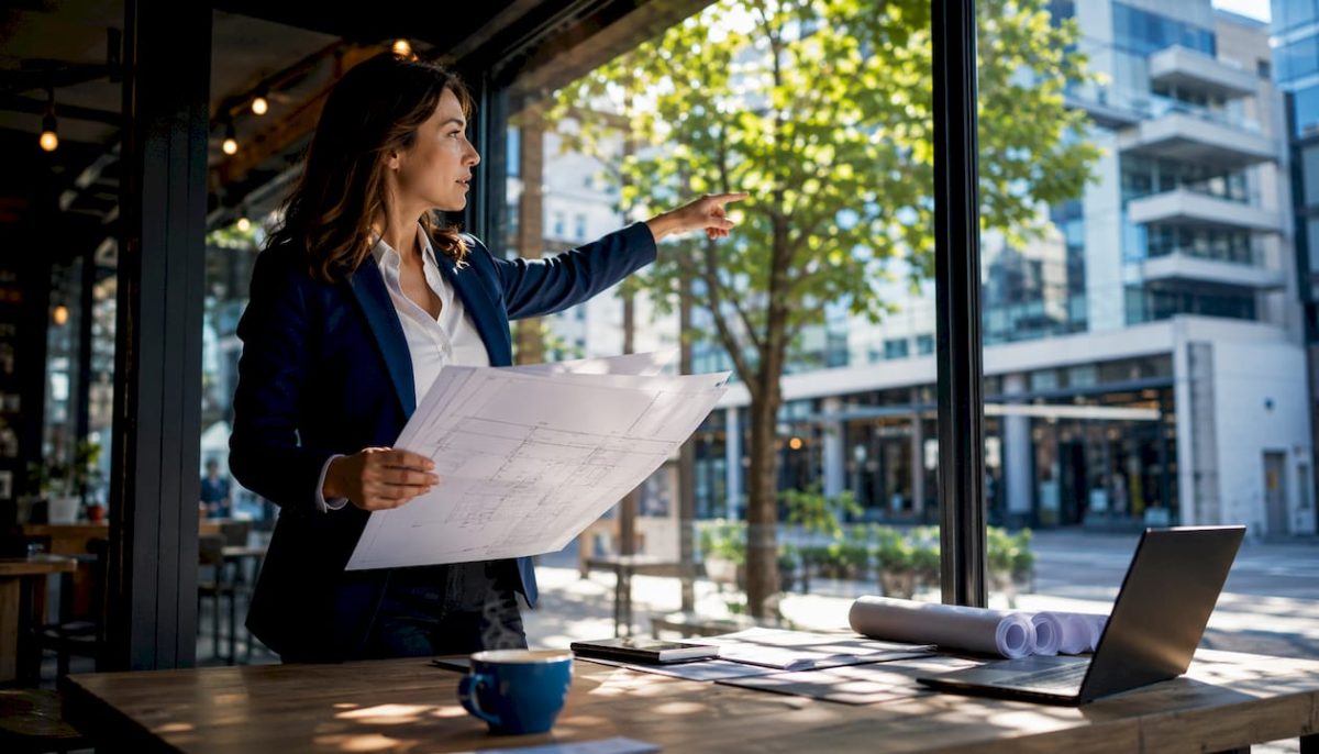 Architect reviewing glass facade blueprint
