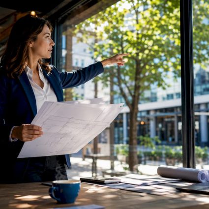 Architect reviewing glass facade blueprint