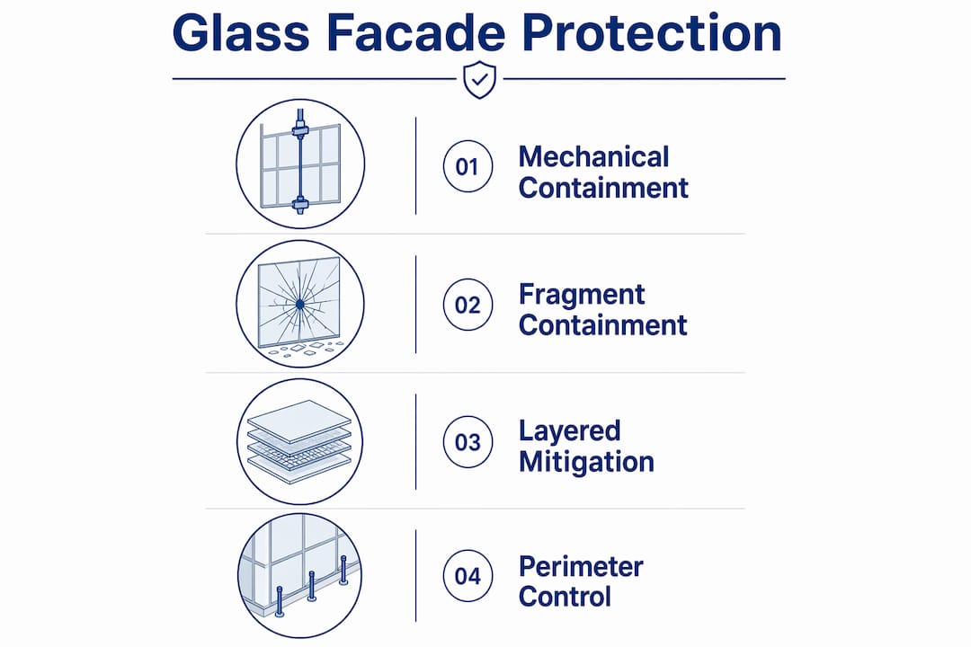 Infographic illustrating glass facade protection methods