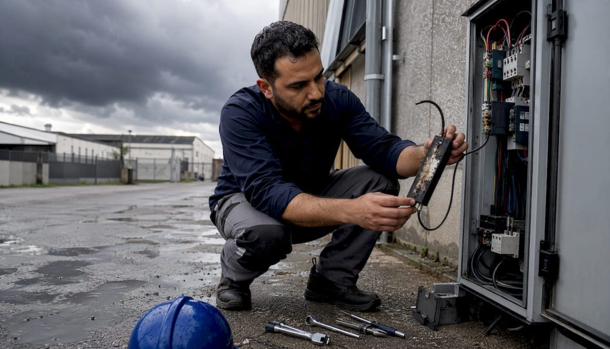Intervention d’un électricien pour remplacer un parafoudre défectueux dans un local technique.