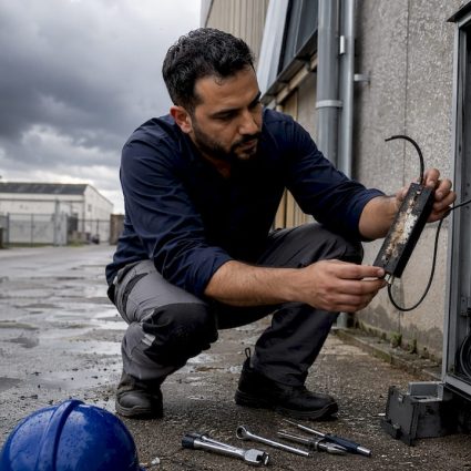 Intervention d’un électricien pour remplacer un parafoudre défectueux dans un local technique.