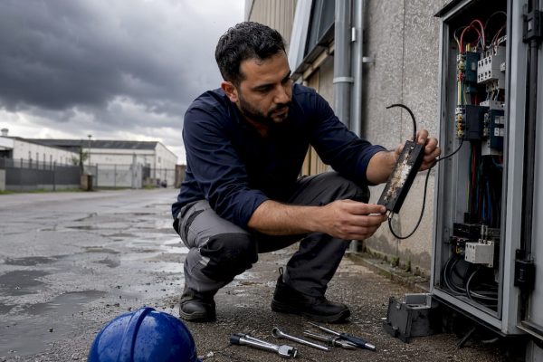 Intervention d’un électricien pour remplacer un parafoudre défectueux dans un local technique.