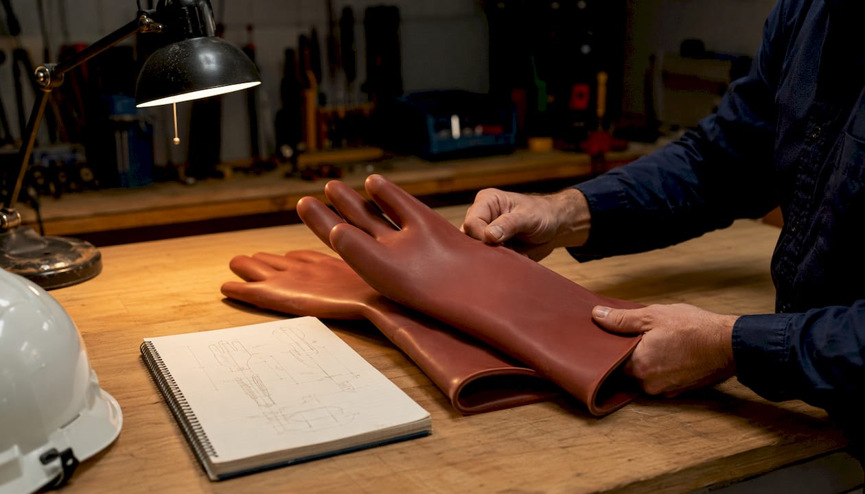 Vérification minutieuse de gants isolants en caoutchouc, conforme à la liste de contrôle.