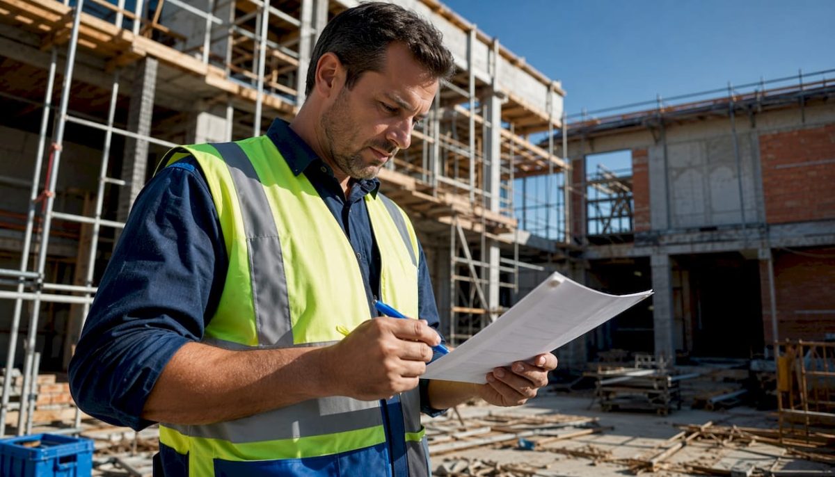 Contractor reviewing safety checklist inside site trailer