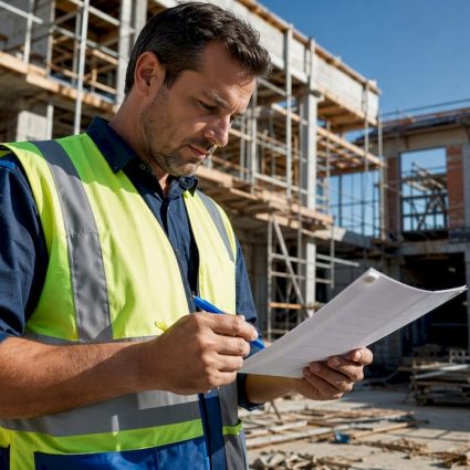 Contractor reviewing safety checklist inside site trailer