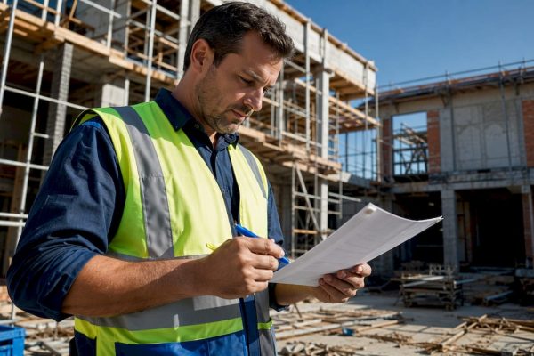 Contractor reviewing safety checklist inside site trailer