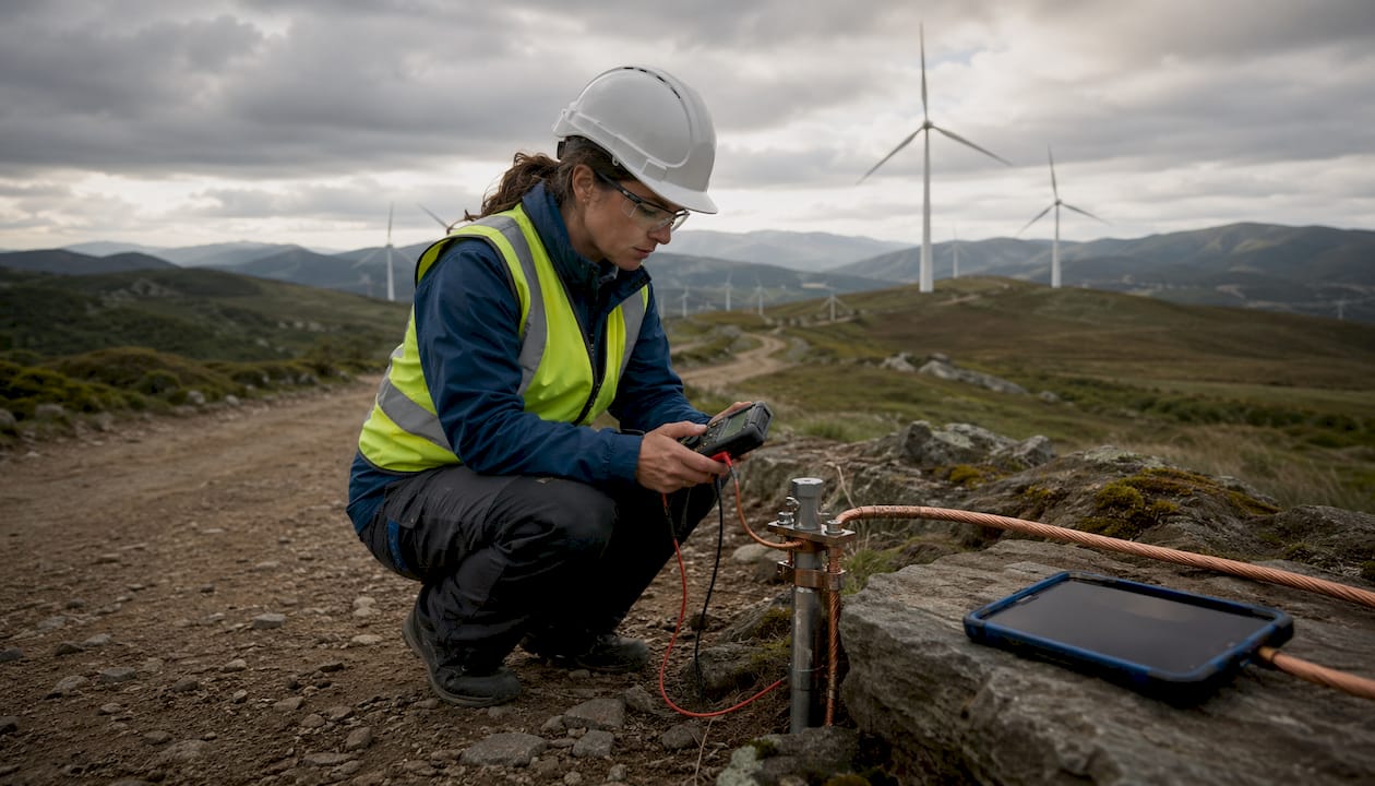 Engineer inspecting lightning protection grounding system outdoors