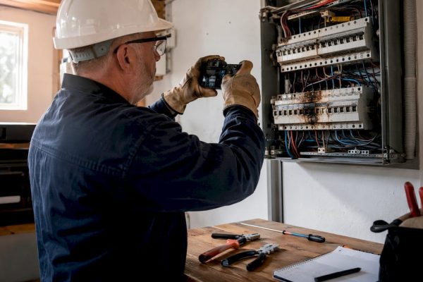 Un électricien prend en photo un tableau électrique après le passage d’un orage.