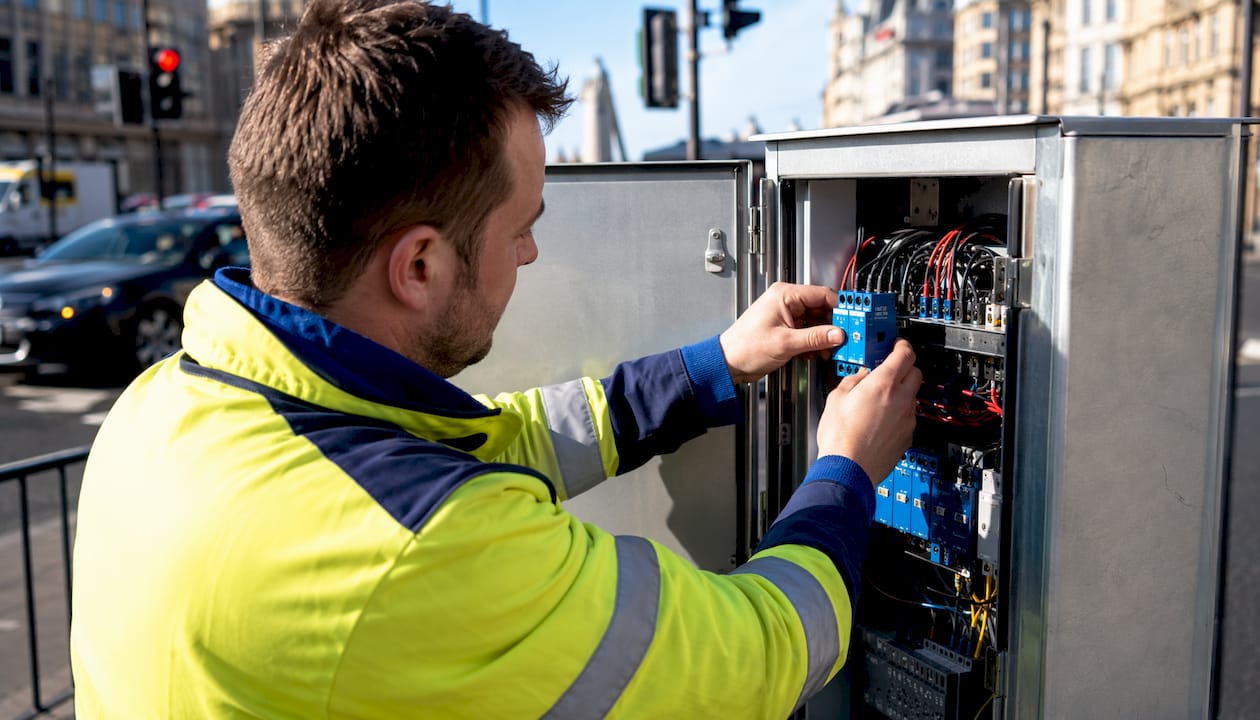 Hands replacing SPD in roadside cabinet