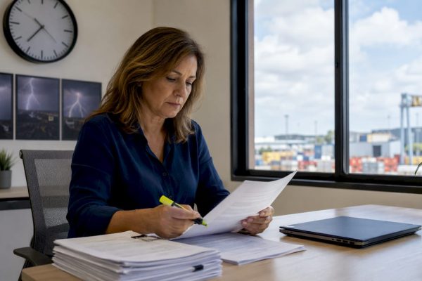 Facility manager reviewing lightning safety documents