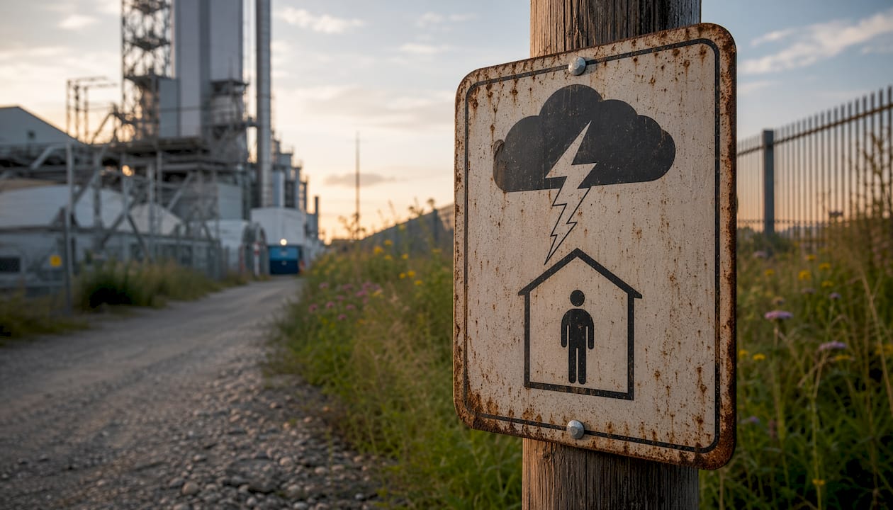 Lightning safety shelter sign on building wall