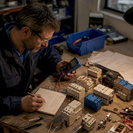 Engineer testing surge protection devices in industrial office