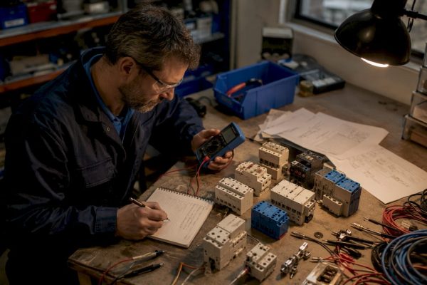 Engineer testing surge protection devices in industrial office
