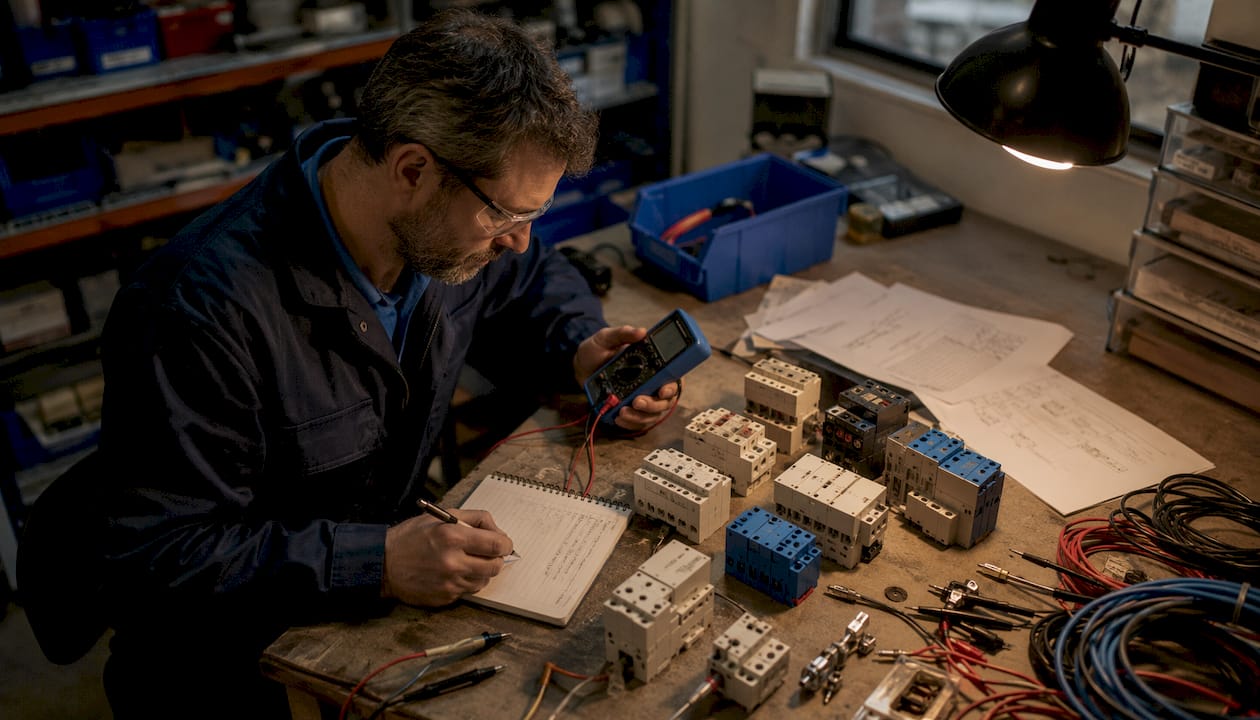 Engineer testing surge protection devices in industrial office