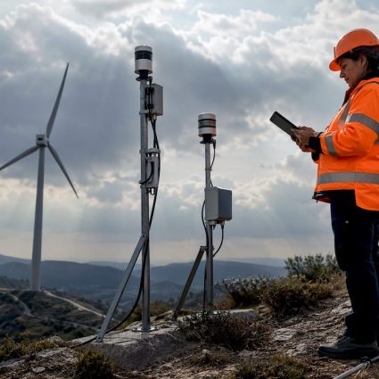 Une technicienne sur le terrain effectue le contrôle des capteurs de détection de la foudre en extérieur.