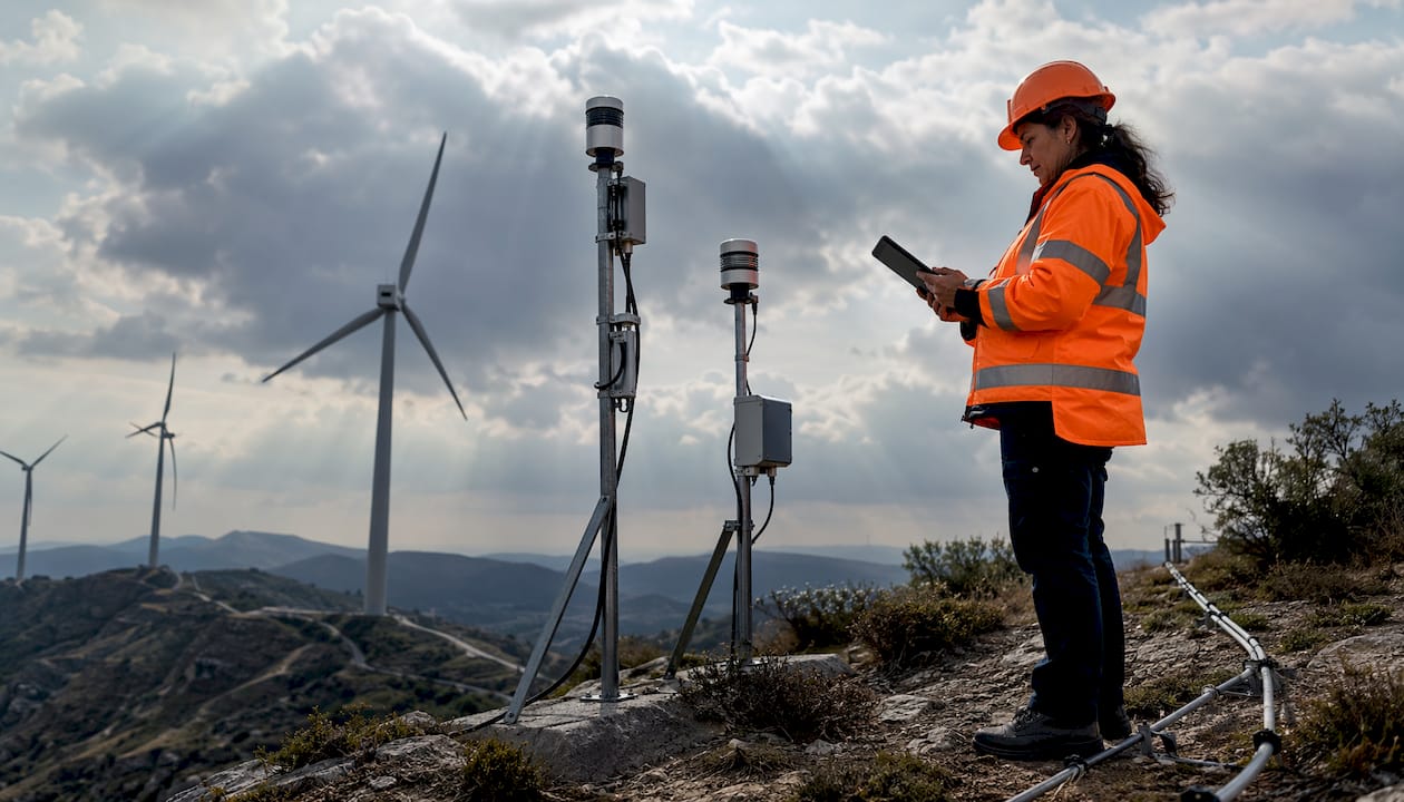 Une technicienne sur le terrain effectue le contrôle des capteurs de détection de la foudre en extérieur.