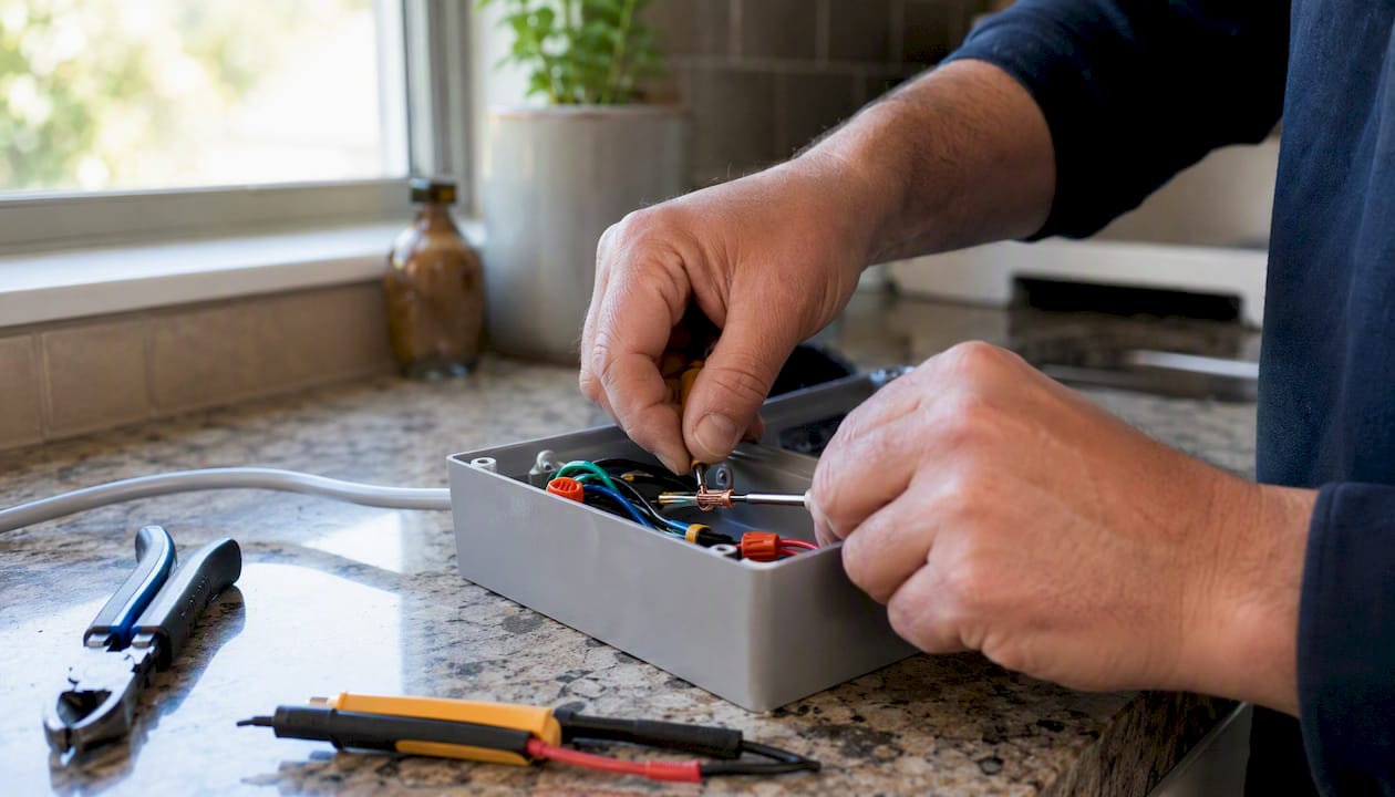 Des mains s'affairent à raccorder des fils électriques à l'intérieur d'un boîtier de connexion.