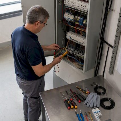 Un ingénieur inspecte un tableau électrique industriel.