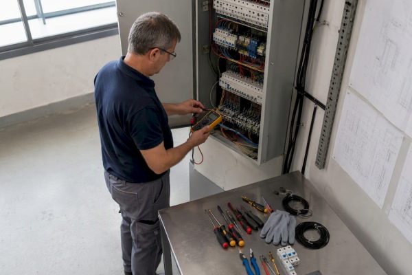 Un ingénieur inspecte un tableau électrique industriel.
