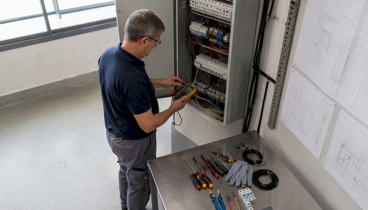 Un ingénieur inspecte un tableau électrique industriel.