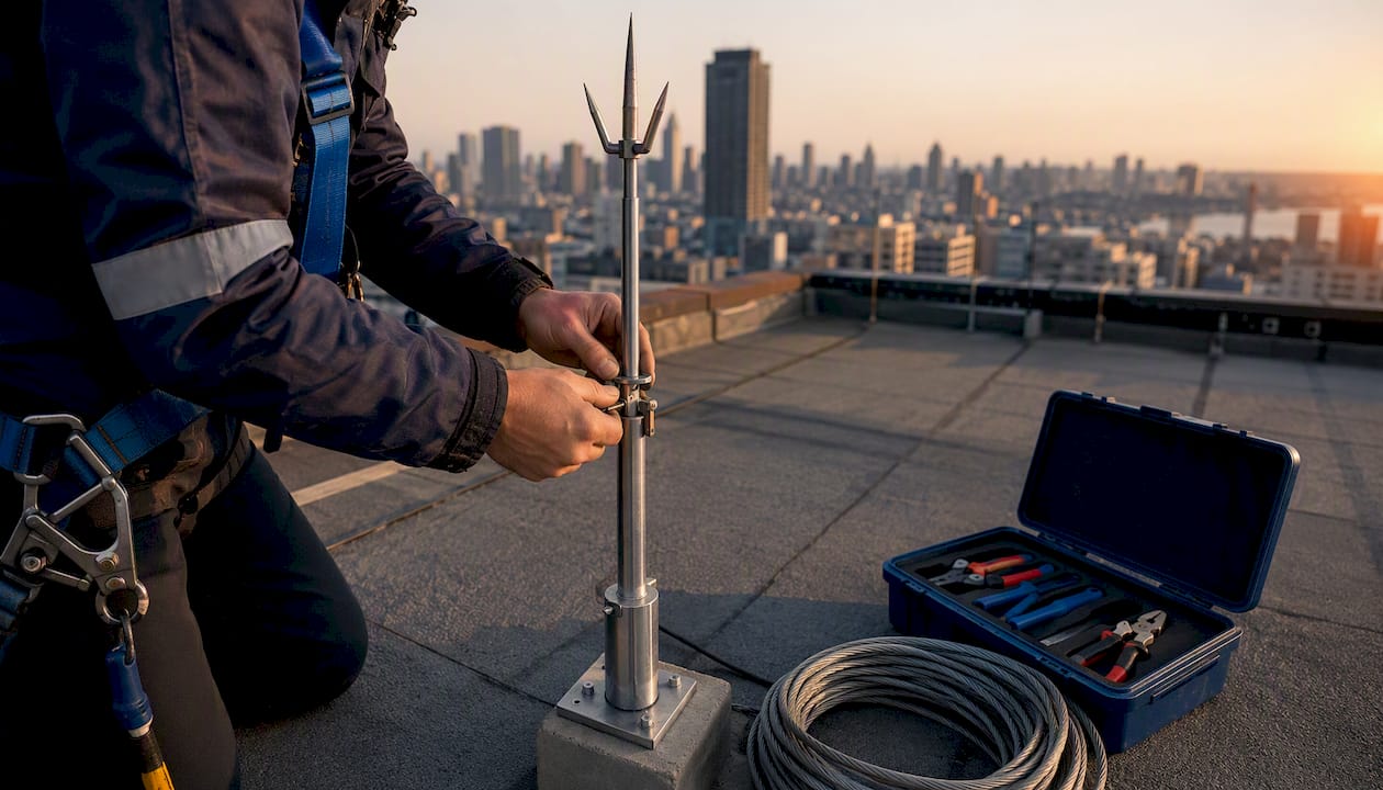Hands installing lightning protection terminal