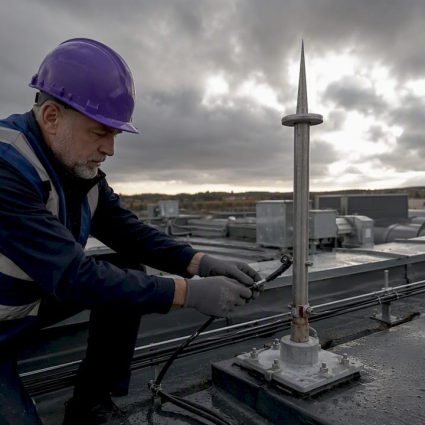 Un ingénieur procède à la vérification du système de protection contre la foudre installé sur le toit.