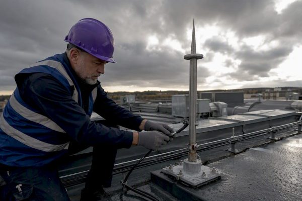 Un ingénieur procède à la vérification du système de protection contre la foudre installé sur le toit.