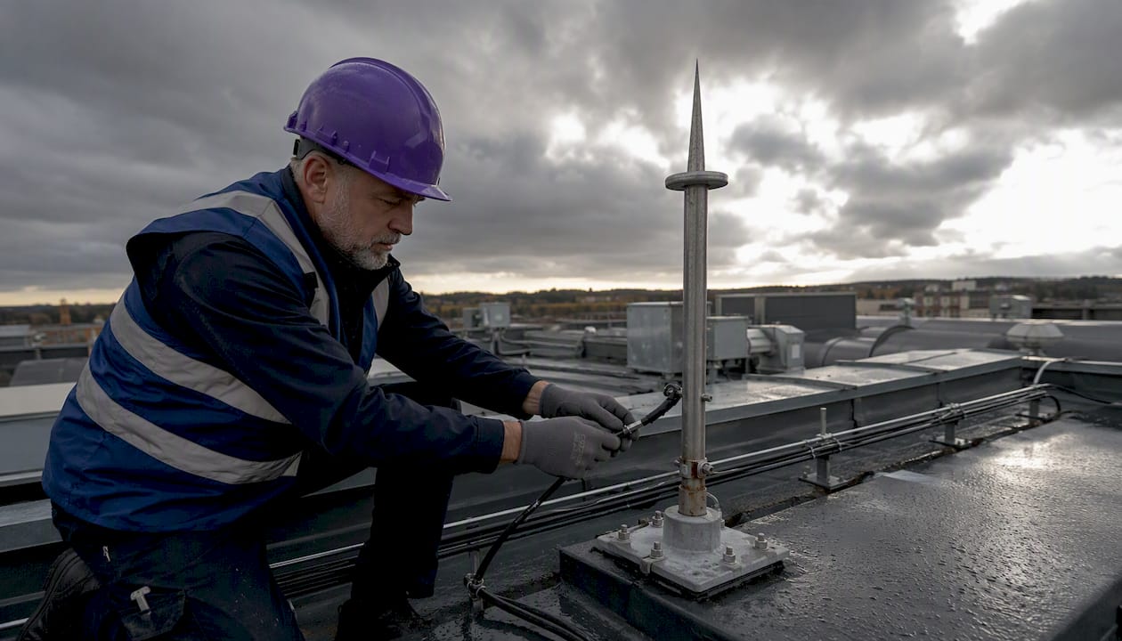 Un ingénieur procède à la vérification du système de protection contre la foudre installé sur le toit.