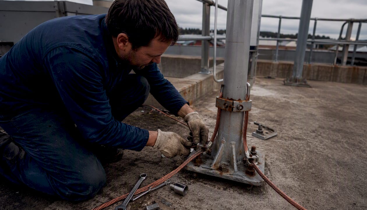 Un technicien procède au raccordement des câbles de mise à la terre sur un système de paratonnerre.